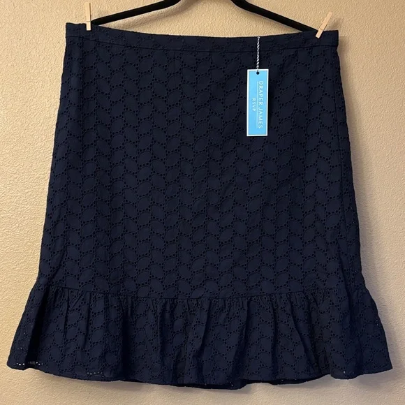 Draper James Navy Blue Eyelet A-Line Knee Length Skirt Size 16 Ruffle Hem - Picture 1 of 15